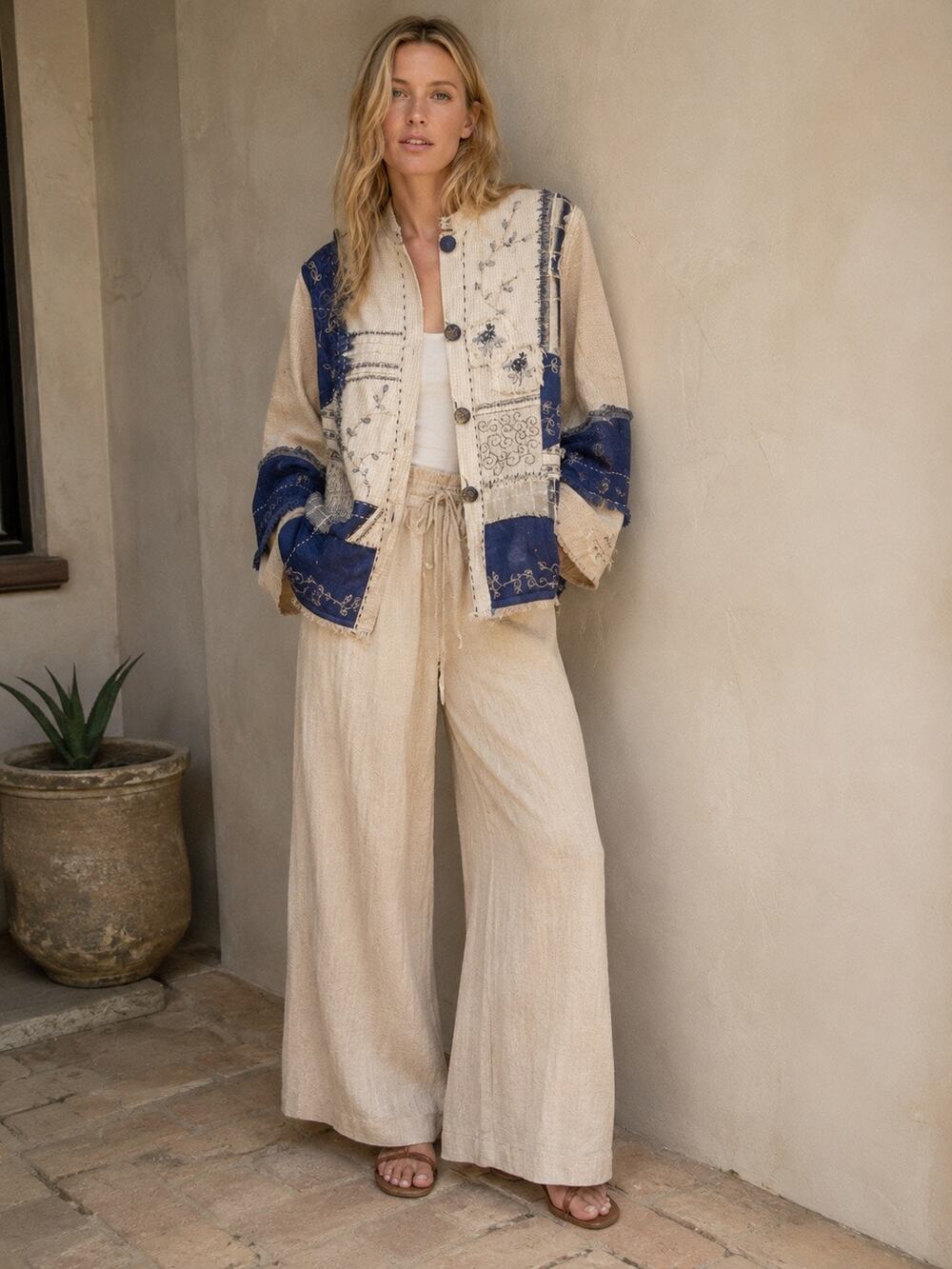 Flashback Patchwork Embroidered Linen-Blend Boho Button-Up Jacket,  Med